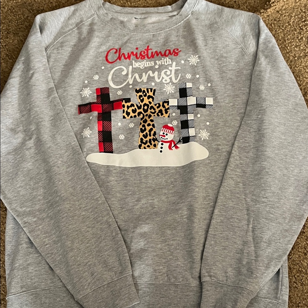 Gray Christmas Sweatshirt with Cross Design